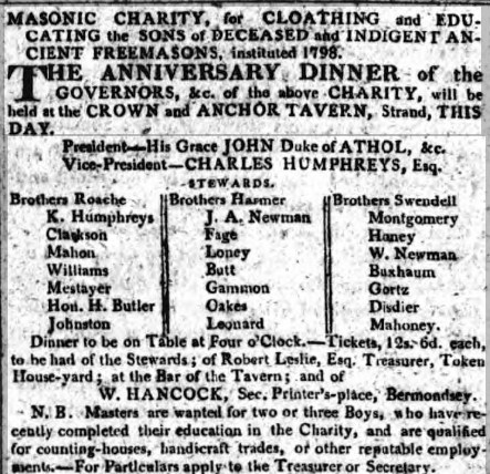 William's attendence at a Freemason's meeting on the 14th of April 1809 at the Crown and Anchor